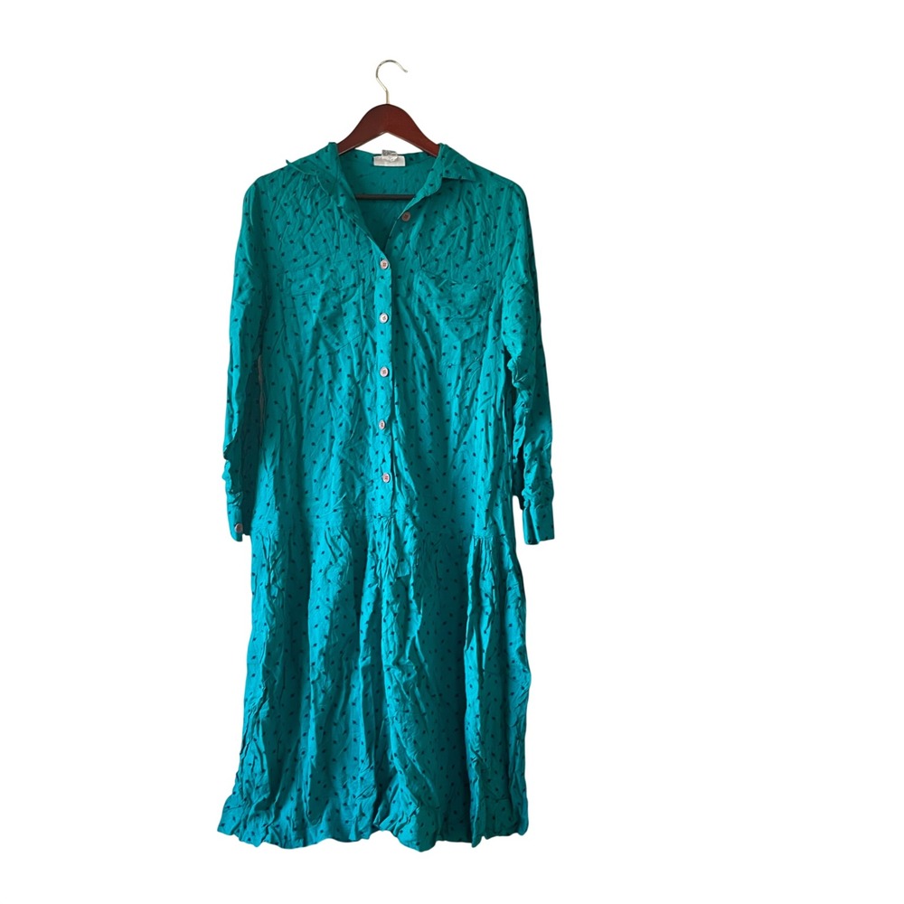 Maternity Vintage Teal‎ Leaf Print Rayon Button Down Midi Dress Large